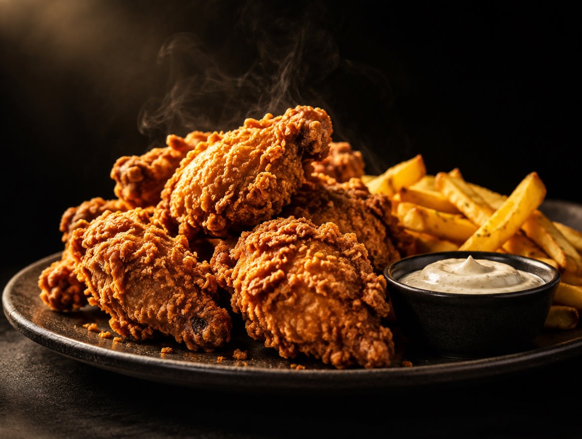 Golden crispy fried chicken with fries and garlic sauce on a dark plate, steam rising